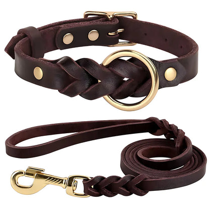 Genuine Leather Dog Collar & Lead Set